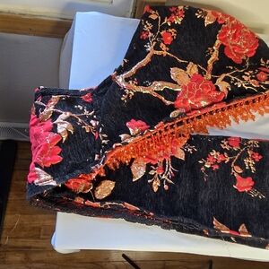 Hand Made Embroidered Black Flare Jeans with Red Floral Accents